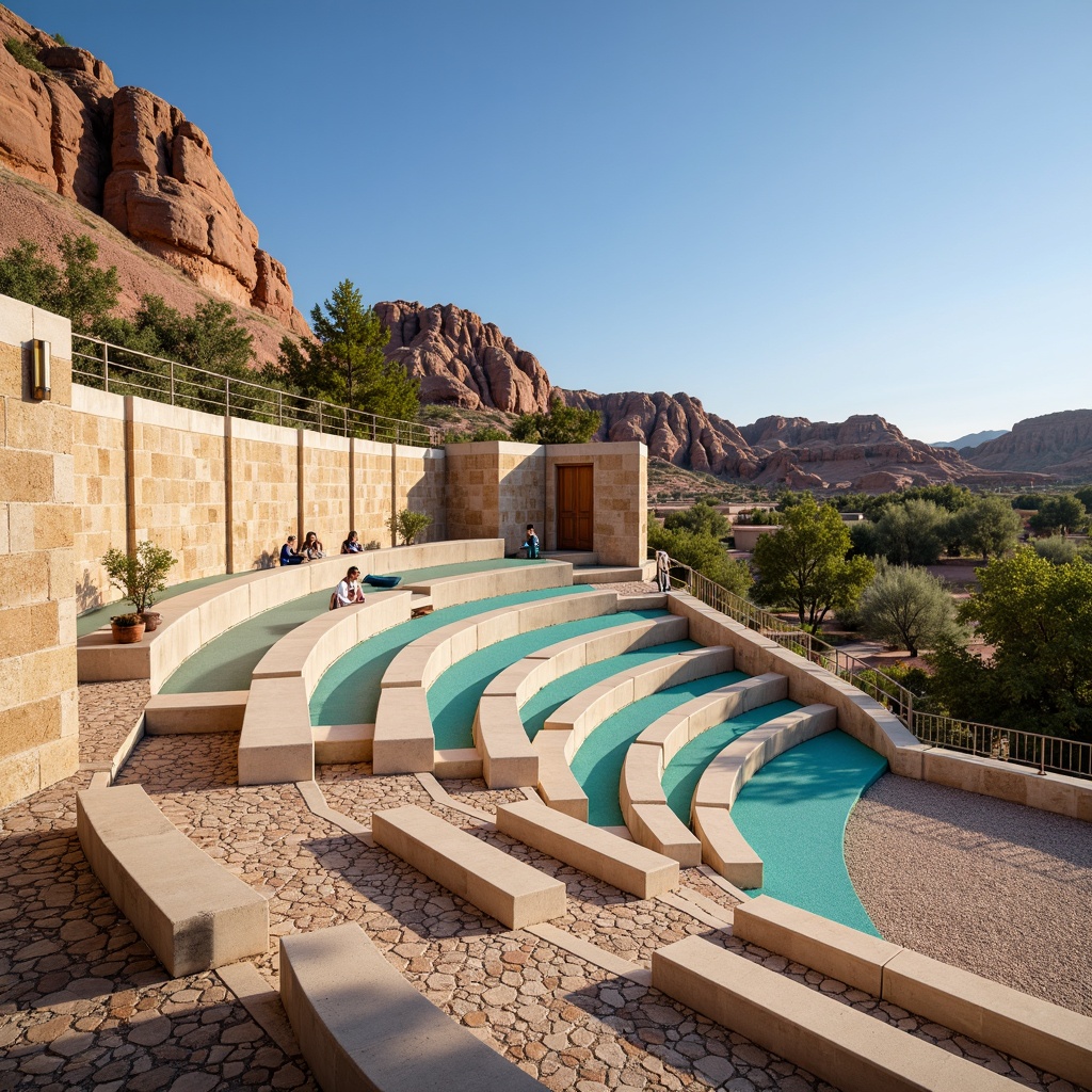 Prompt: Southwestern amphitheater, tiered seating arrangement, rustic wooden benches, vibrant turquoise accents, sandy beige stone walls, natural rock formations, desert landscape views, clear blue skies, warm sunny day, soft gentle lighting, shallow depth of field, 3/4 composition, panoramic view, realistic textures, ambient occlusion, modern minimalist design, sleek metal railings, eco-friendly materials, innovative shading systems, misting systems, colorful textiles, intricate geometric patterns.