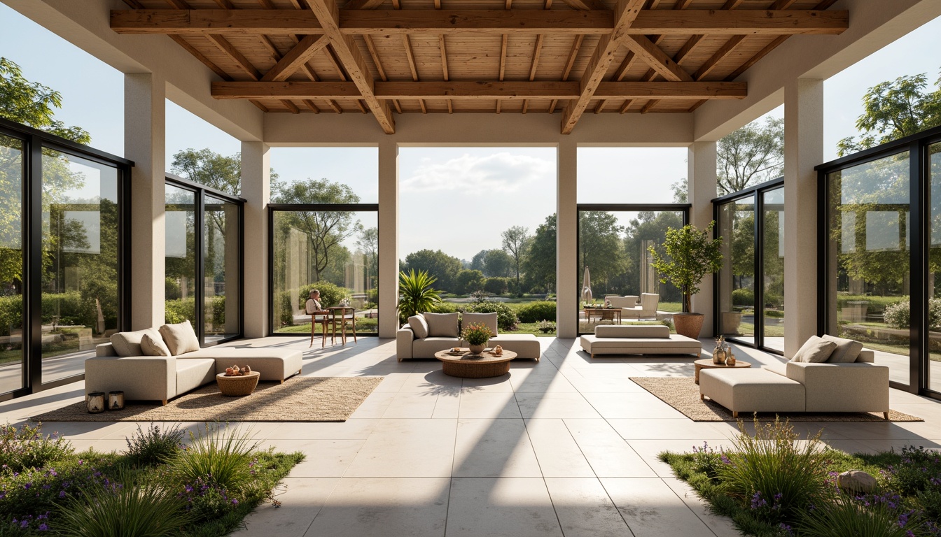 Prompt: Spacious open layout, pavilion transitional style, high ceilings, large windows, sliding glass doors, natural stone floors, wood accents, minimalist decor, warm neutral tones, soft diffused lighting, lush greenery, vibrant flowers, serene outdoor ambiance, 3/4 composition, shallow depth of field, panoramic view, realistic textures, ambient occlusion.