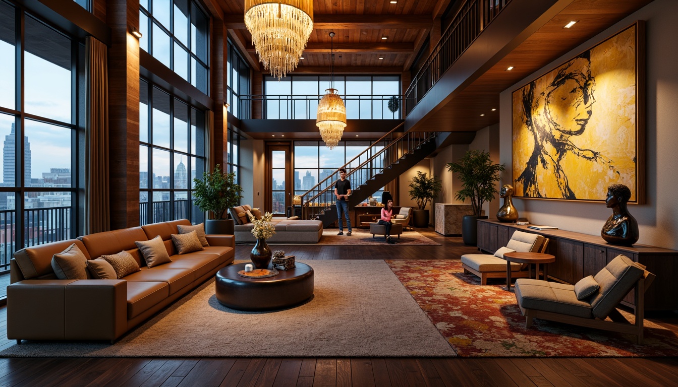 Prompt: Luxurious penthouse, dramatic staircases, lavish chandeliers, eclectic art pieces, rich wood accents, metallic finishes, bold color schemes, abstract expressionist paintings, avant-garde sculptures, floor-to-ceiling windows, cityscape views, moody atmospheric lighting, warm golden tones, soft shadows, high-contrast illumination, spotlighting, gradient effects, 1/2 composition, cinematic framing, realistic reflections, ambient occlusion.