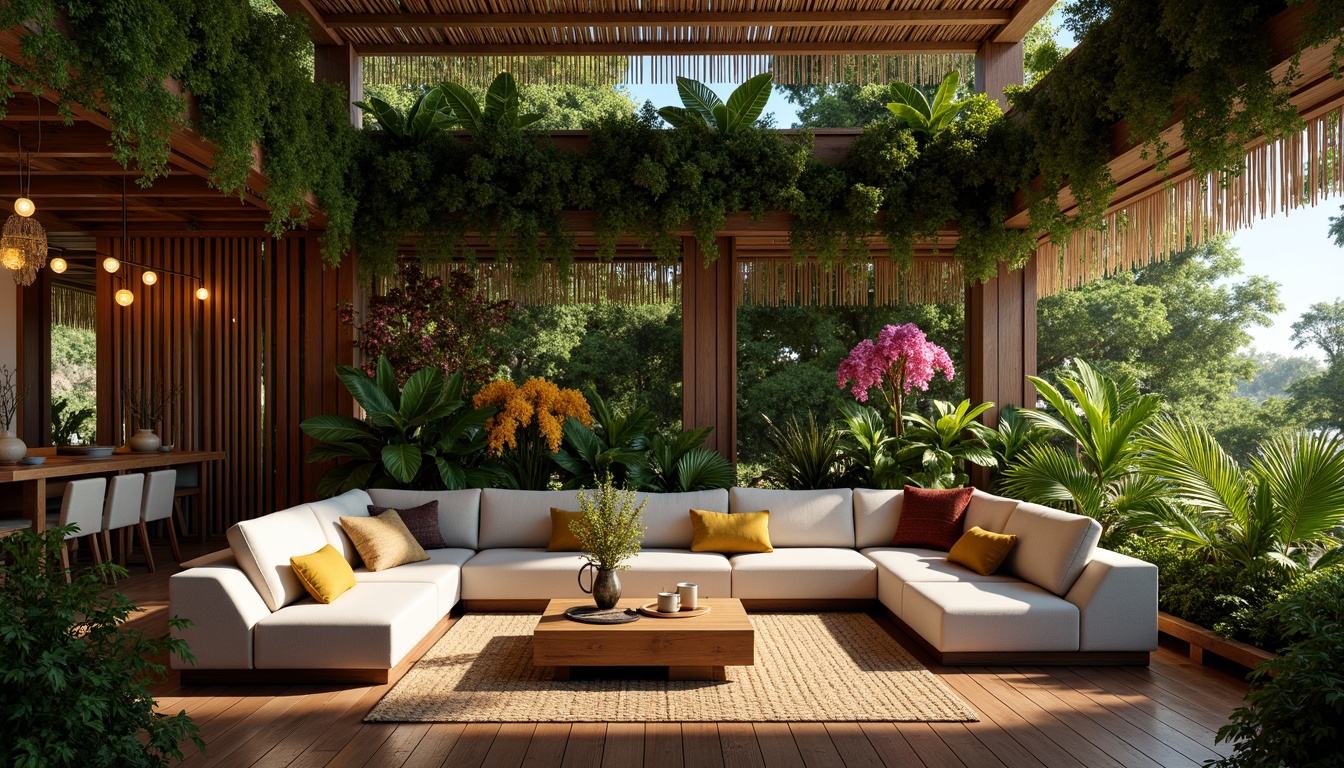 Prompt: Lush greenery walls, exotic wood accents, rattan furniture, vibrant tropical flowers, palm tree decorations, colorful tiki torches, woven bamboo ceiling, natural fiber rugs, plush sectional sofas, wooden coffee tables, hanging lanterns, cozy reading nooks, ambient warm lighting, shallow depth of field, 3/4 composition, panoramic view, realistic textures, ambient occlusion.