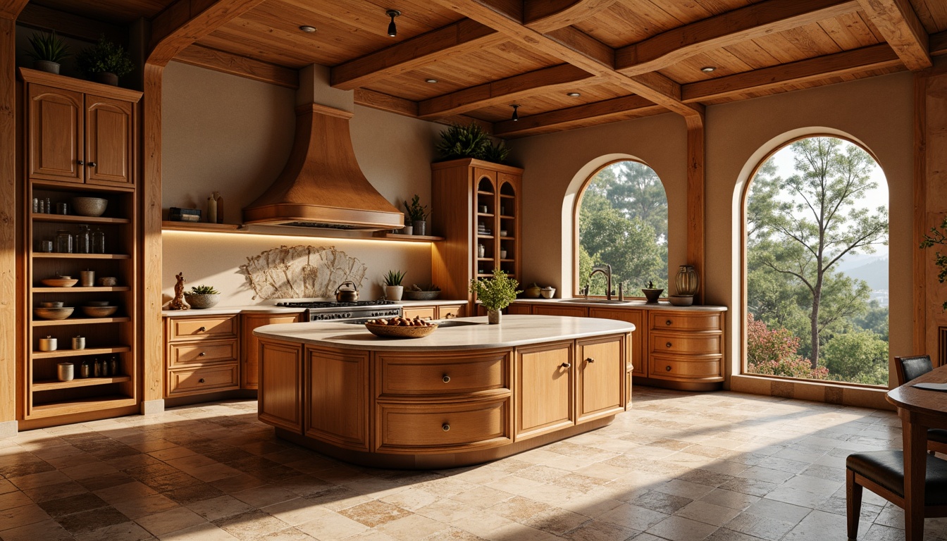 Prompt: Art Nouveau kitchen, ornate cabinetry, flowing organic lines, sinuous curves, warm earthy tones, travertine flooring, honeycomb tile patterns, bronze fixtures, soft warm lighting, shallow depth of field, 1/1 composition, realistic textures, ambient occlusion.