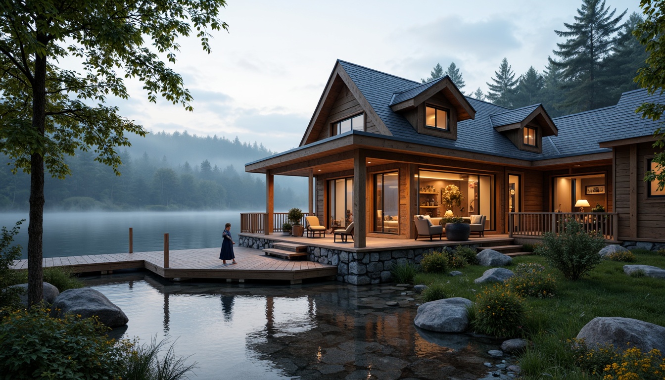 Prompt: Waterfront setting, wooden dock, rustic boathouse, craftsman style design, natural cedar wood, stone foundation, sloping rooflines, dormer windows, cozy interior, warm ambient lighting, soft diffused light, morning mist, calm lake waters, surrounding lush greenery, tall trees, vibrant flowers, subtle shadows, shallow depth of field, 1/1 composition, realistic textures, ambient occlusion.