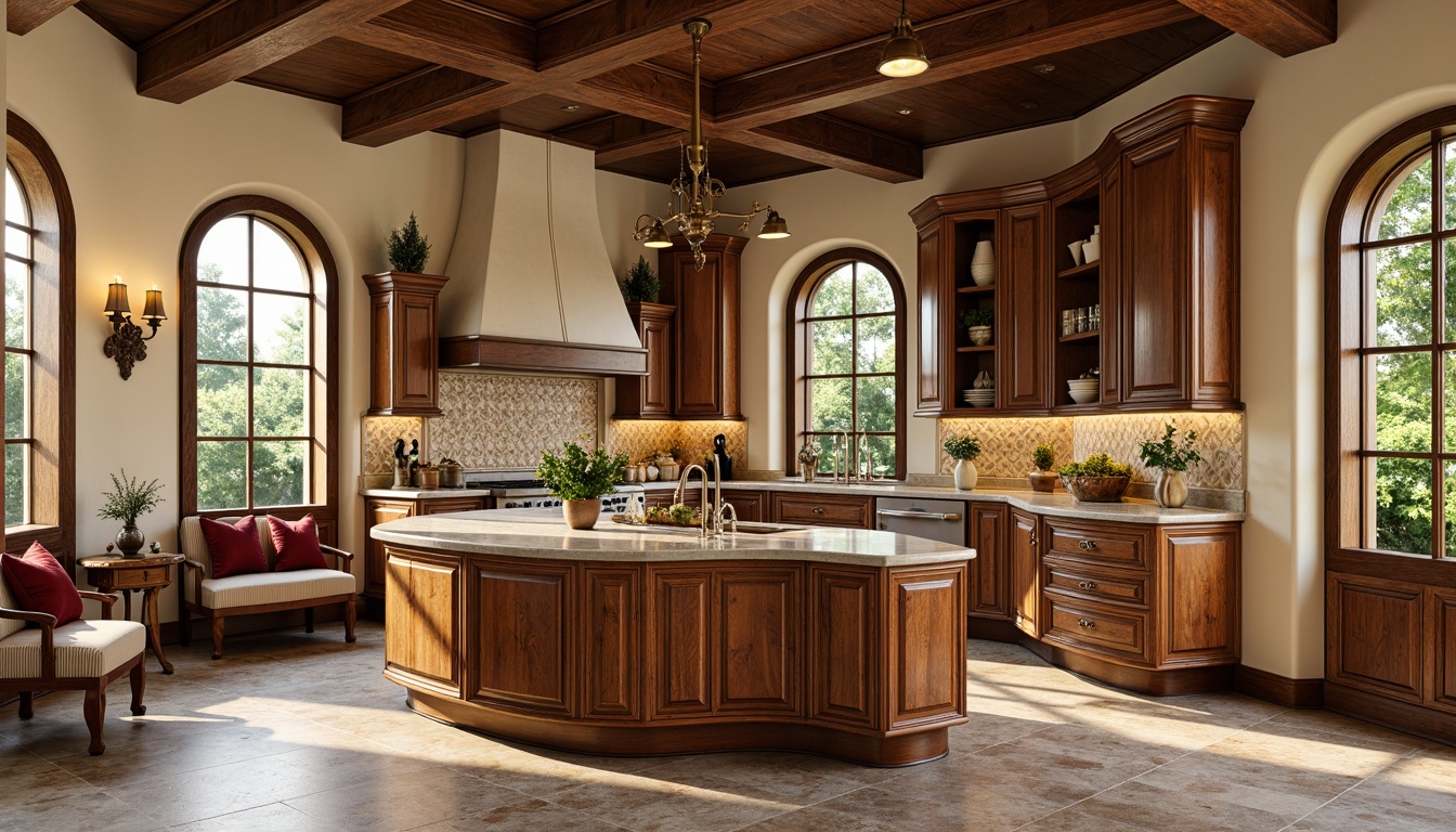 Prompt: Curved kitchen island, ornate wooden cabinetry, sinuous metalwork, flowing lines, organic shapes, rich wood tones, warm golden lighting, mosaic backsplash, floral patterned tiles, elegant ceramic fixtures, decorative hardware, soft cream-colored walls, polished marble countertops, luxurious velvet upholstery, intricate inlays, curved window frames, lush greenery, natural stone flooring, rustic wooden beams, ambient occlusion, shallow depth of field, 3/4 composition, realistic textures.