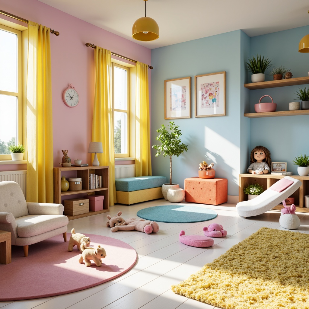 Prompt: Vibrant kids' room, playful furniture, pastel colors, soft pink walls, baby blue accents, sunny yellow curtains, creamy white floors, whimsical wall art, colorful rugs, plush toys, cozy reading nooks, natural wood shelves, fun polka dots, gentle lighting, shallow depth of field, 1/2 composition, warm atmosphere, inviting textures.