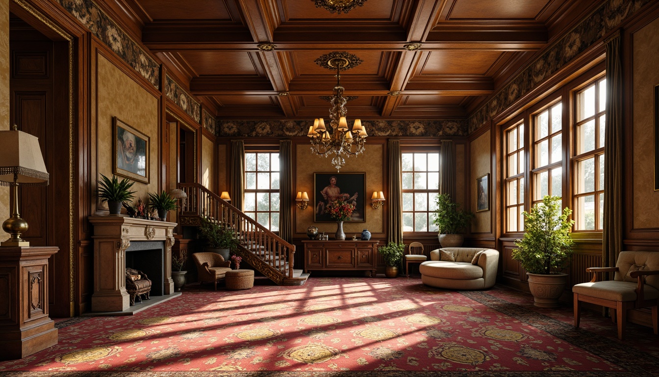 Prompt: Richly patterned carpet, intricate floral designs, warm earthy tones, ornate wooden flooring, distressed finishes, antique furnishings, lavish textiles, opulent chandeliers, grand staircases, high ceilings, decorative moldings, soft warm lighting, shallow depth of field, 1/1 composition, realistic textures, ambient occlusion.