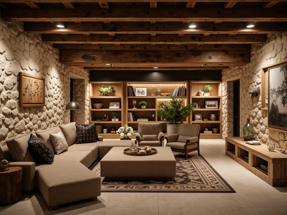 Prompt: Rustic basement, natural stone walls, reclaimed wood accents, earthy color palette, warm lighting, exposed beams, wooden ceiling, industrial metal fixtures, distressed finishes, cozy atmosphere, intimate seating areas, built-in shelving, vintage decorative items, rich textiles, soft furnishing, warm neutral tones, shallow depth of field, 3/4 composition, realistic textures, ambient occlusion.