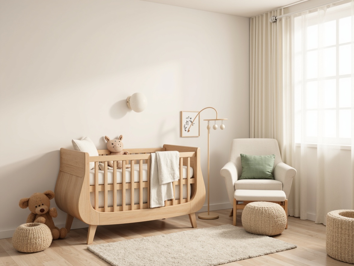 Prompt: Curved crib, smooth wood grain, soft pastel colors, minimalist decor, baby-safe materials, rounded edges, gentle lighting, plush area rug, modern rocking chair, sleek changing table, storage ottoman, creamy white walls, warm beige flooring, natural textiles, subtle patterned fabrics, delicate mobiles, soothing nursery rhymes, 1/1 composition, shallow depth of field, soft focus, warm color palette.