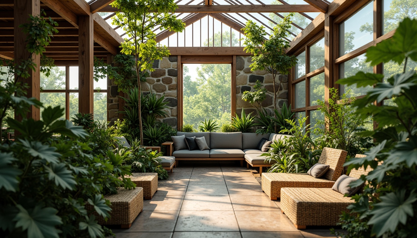 Prompt: \Serene Asian-style greenhouse interior, lush greenery, vibrant tropical plants, natural wood accents, rustic stone walls, modern minimalist decor, floor-to-ceiling windows, soft warm lighting, misting systems, automated irrigation, bamboo-inspired furniture, woven rattan textures, earthy color palette, shallow depth of field, 1/1 composition, realistic plant textures, ambient occlusion.\