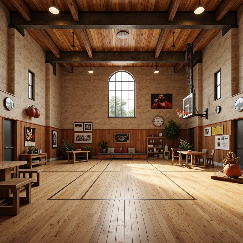 Prompt: Rustic gymnasium interior, wooden flooring, distressed planks, warm beige tones, natural textures, reclaimed wood accents, industrial-style metal beams, exposed ductwork, vintage athletic equipment, nostalgic sports memorabilia, earthy color palette, soft warm lighting, shallow depth of field, 1/2 composition, realistic reflections, ambient occlusion.