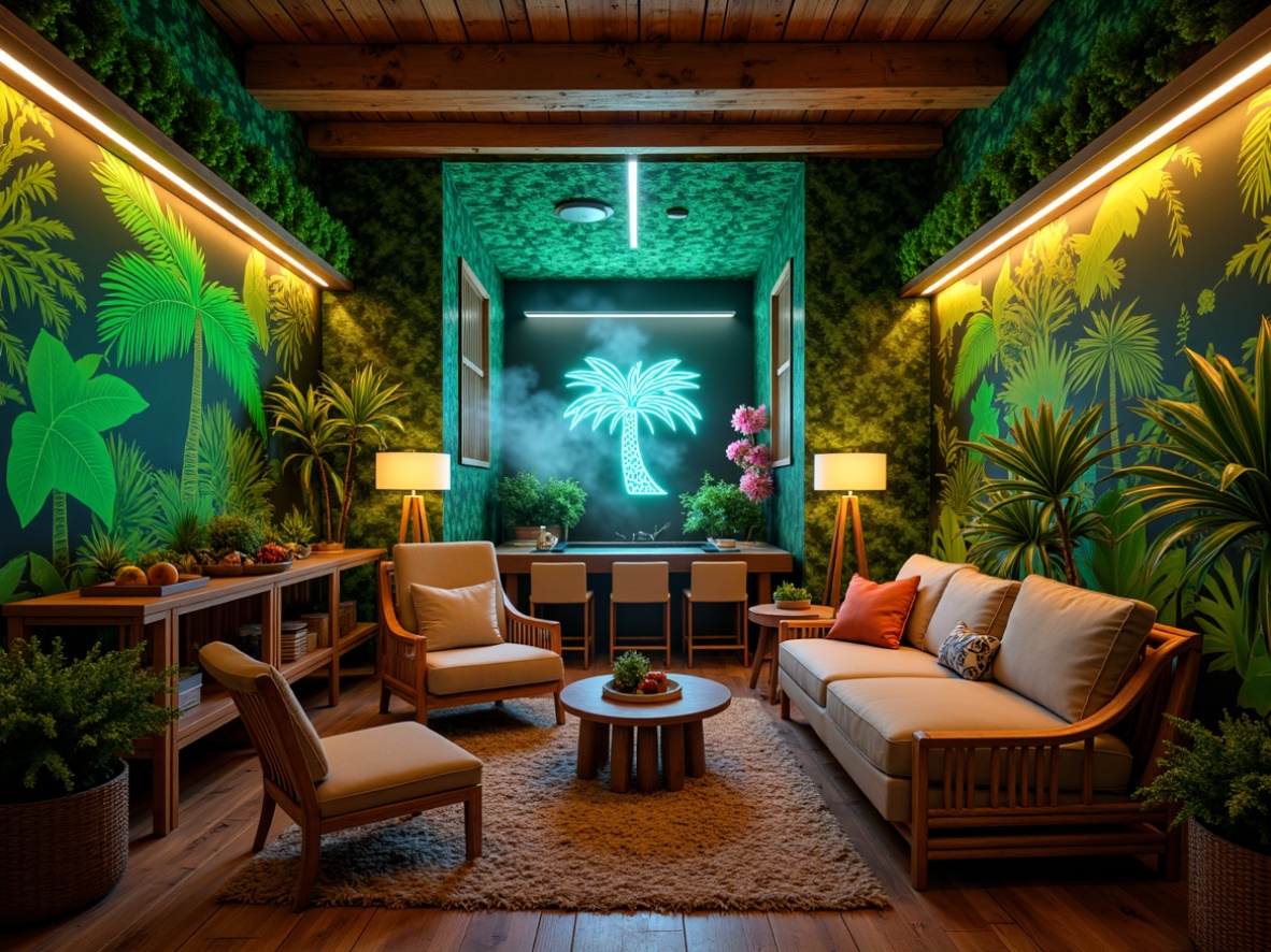 Prompt: Vibrant tropical game room, lush green walls, exotic wood accents, neon color scheme, warm white lighting, softbox lights, table lamps, colorful LED strips, glowing ambiance, misty atmosphere, natural fiber rugs, woven bamboo furniture, rattan decorative elements, palm tree silhouettes, floral patterns, tropical fruit-inspired accessories, cozy reading nooks, plush seating areas, dynamic shadows, 1/2 composition, warm color grading, cinematic lighting effects.