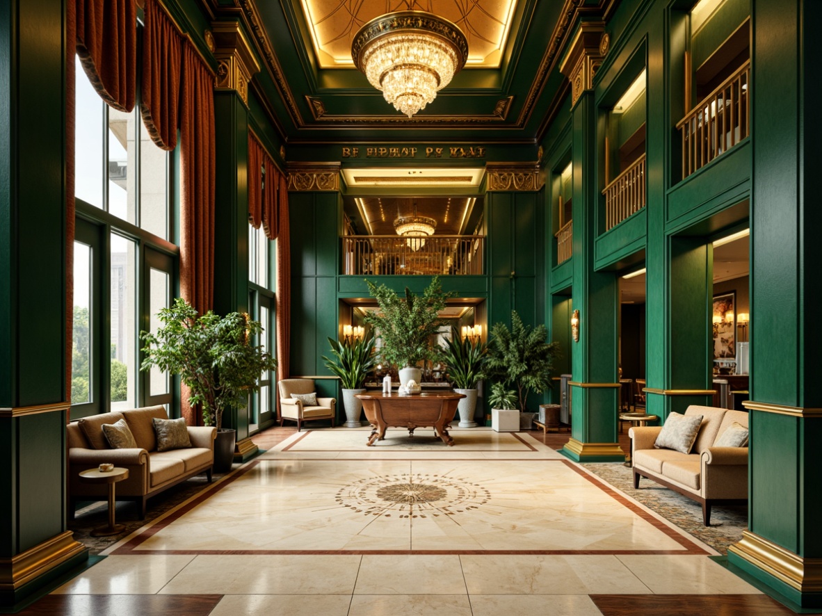 Prompt: \Luxurious great room, Art Deco style, rich jewel tones, emerald green walls, gold leaf accents, cream-colored marble floors, ornate metalwork, geometric patterns, velvet drapes, crystal chandeliers, warm ambient lighting, 3/4 composition, shallow depth of field, realistic textures, ambient occlusion.\