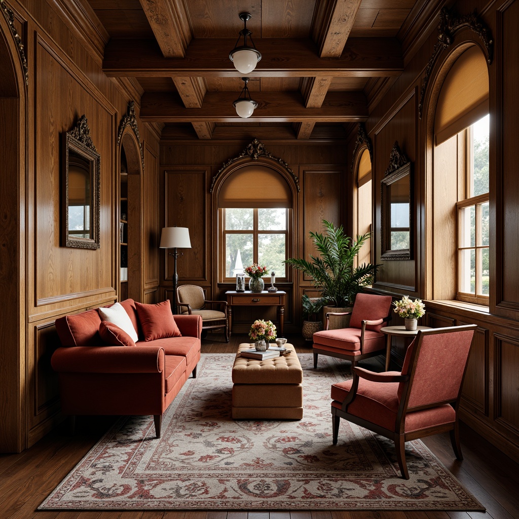 Prompt: Rich wood tones, ornate carvings, velvet upholstery, classic rolled arms, tufted ottomans, distressed finishes, antique hardware, luxurious fabrics, elegant curves, soft warm lighting, cozy atmosphere, nostalgic feel, vintage accessories, natural materials, earthy color palette, comfortable seating, refined details, sophisticated ambiance.