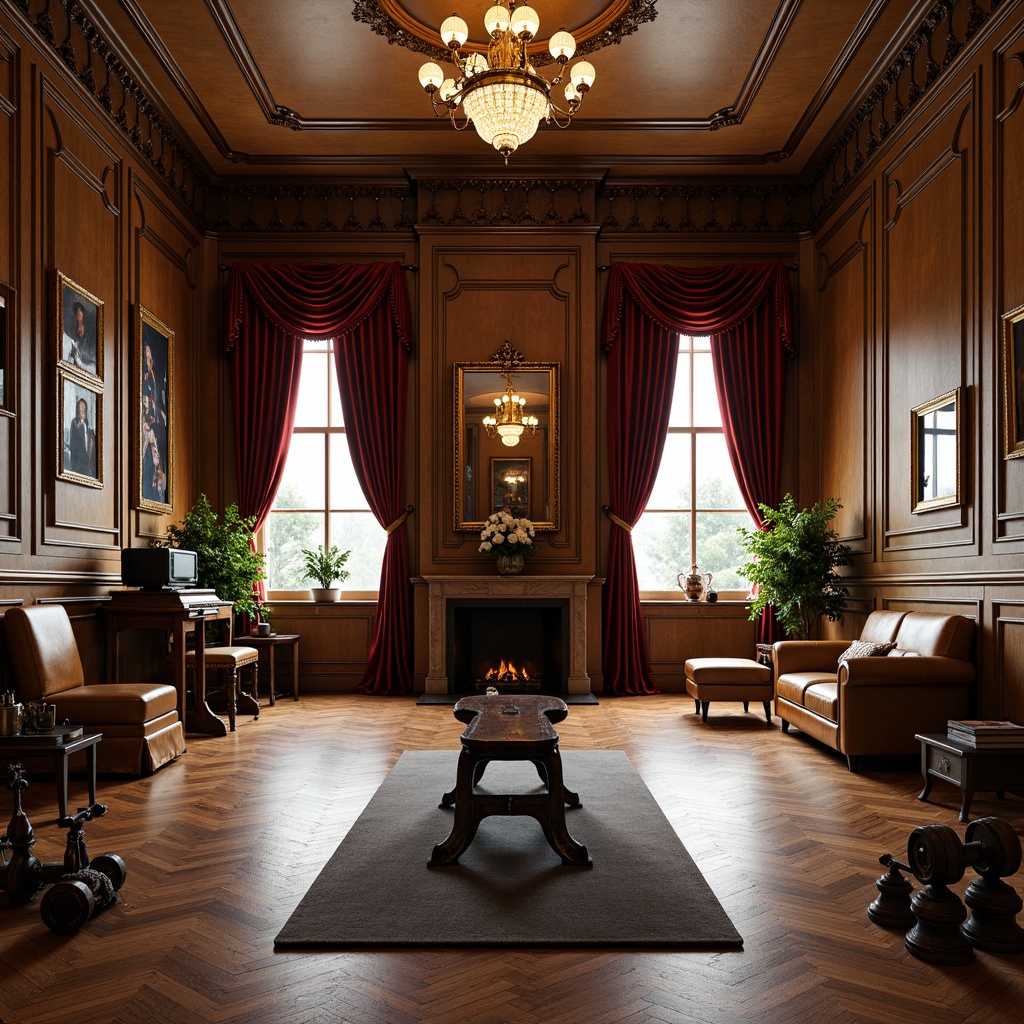 Prompt: Elegant home gym, ornate wooden floors, rich leather upholstery, antique exercise equipment, vintage dumbbells, distressed metal weights, velvet drapes, crystal chandeliers, ornamental mirrors, lavish furnishings, intricate moldings, soft warm lighting, shallow depth of field, 1/1 composition, realistic textures, ambient occlusion.