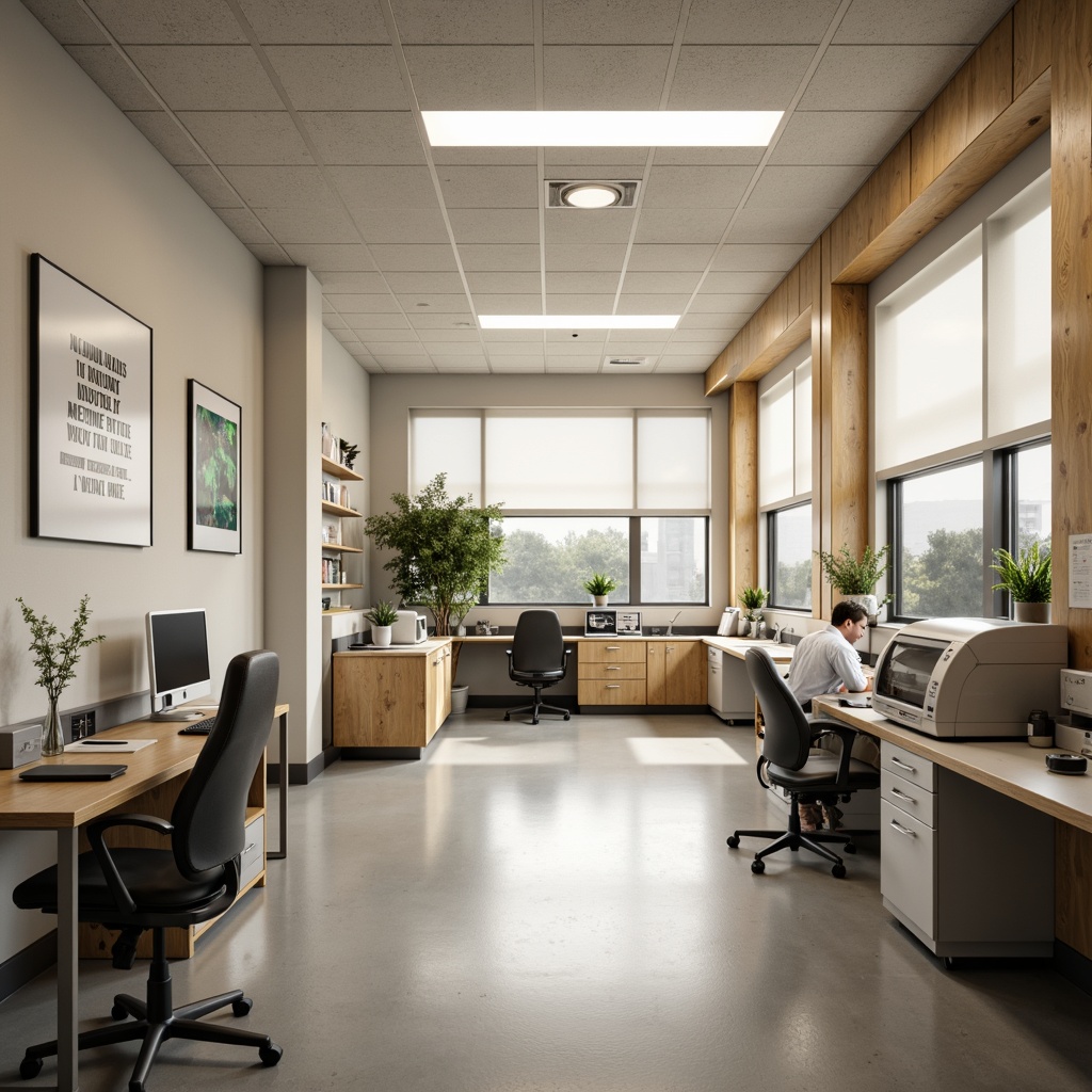 Prompt: Modern research laboratory, minimalist interior design, neutral color scheme, calming atmosphere, soft warm lighting, gentle shadows, stainless steel equipment, sleek workstations, ergonomic chairs, motivational quotes, inspirational artwork, natural wood accents, subtle textures, 3/4 composition, realistic rendering, ambient occlusion.