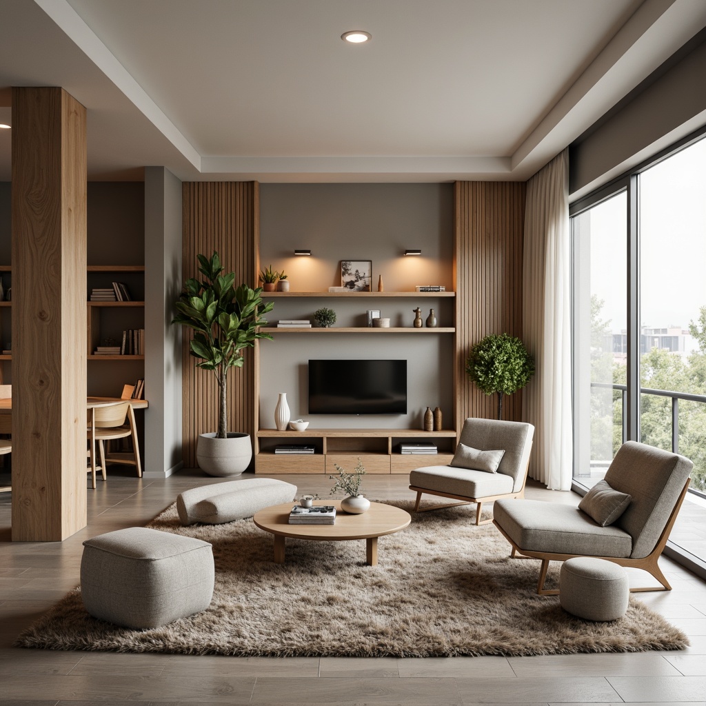 Prompt: Modern living room, minimalist decor, sleek low-profile furniture, optimized floor plan, functional workspace, comfortable seating area, clever storage solutions, wall-mounted shelves, multi-functional coffee table, plush area rug, natural wood accents, soft warm lighting, 1/1 composition, shallow depth of field, realistic textures, ambient occlusion.