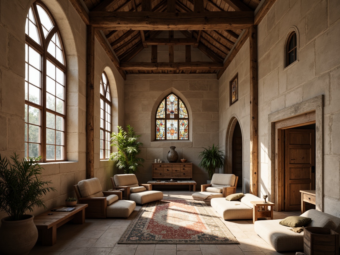 Prompt: Intricate stone carvings, rustic monastery walls, natural linen fabrics, earthy tone colors, woven tapestries, hand-embroidered details, ornate wooden furnishings, vaulted ceilings, stained glass windows, subtle warm lighting, soft diffused shadows, 1/1 composition, intimate close-up shots, realistic fabric textures, ambient occlusion.