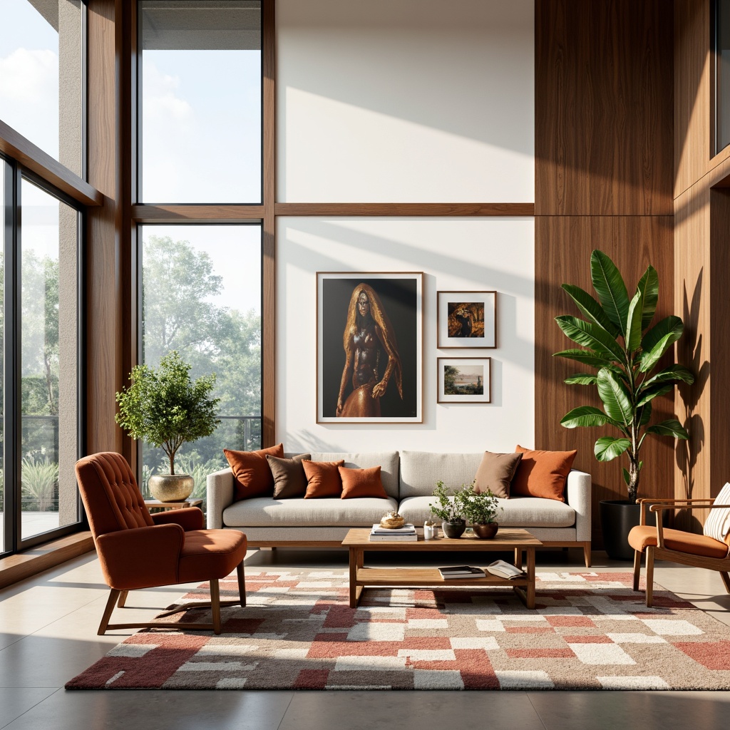 Prompt: Mid-century modern living room, minimal ornamentation, sleek low-profile sofa, tufted velvet armchair, geometric patterned rug, wooden coffee table, floor-to-ceiling windows, natural light, organic shapes, tapered legs, walnut wood accents, brass metal fixtures, soft warm lighting, shallow depth of field, 1/1 composition, realistic textures, ambient occlusion.