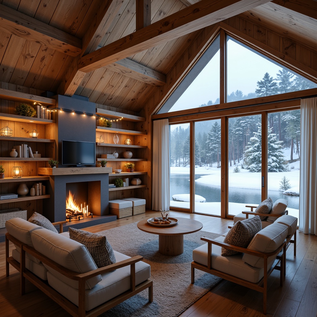 Prompt: Cozy Scandinavian villa, wooden accents, natural materials, earthy tones, snow-covered roof, frozen lake backdrop, winter scenery, warm ambient lighting, soft glowing lanterns, string lights, candlelit atmosphere, crackling fireplace, wooden beams, minimal decor, Nordic-inspired furniture, plush textiles, comfortable reading nook, floor-to-ceiling windows, sheer white curtains, frosty mornings, gentle snowfall, shallow depth of field, 1/2 composition, warm color palette, realistic textures.