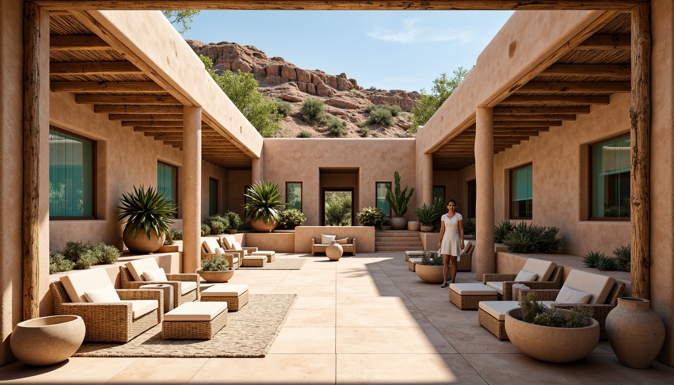 Prompt: Earthy amphitheater, southwestern architecture, rustic stone walls, adobe-inspired buildings, natural rock formations, wooden accents, distressed wood textures, woven wicker furniture, vibrant turquoise hues, earthy terracotta tones, rough-hewn stone columns, wooden beam ceilings, natural fiber rugs, organic-shaped planters, desert flora, cacti and succulents, warm sandy beige colors, soft golden lighting, shallow depth of field, 3/4 composition, realistic textures, ambient occlusion.