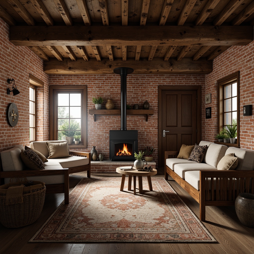 Prompt: Rustic cottage, exposed brick walls, earthy tones, natural textures, rugged stone foundations, wooden beams, distressed wood accents, vintage metal decor, cozy fireplace, warm ambient lighting, shallow depth of field, 1/1 composition, realistic renderings, atmospheric fog effects.