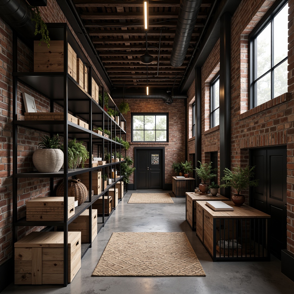 Prompt: Industrial-style storage room, exposed brick walls, metal shelving units, reclaimed wood accents, matte black finish, urban loft atmosphere, functional track lighting, polished concrete floors, decorative metal grilles, geometric patterned rugs, modern minimalist decor, monochromatic color scheme, warm ambient lighting, shallow depth of field, 1/2 composition, realistic textures, subtle shadows.