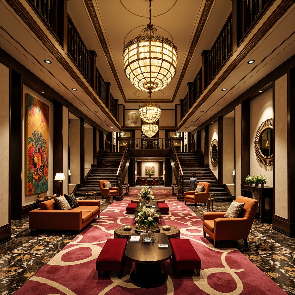 Prompt: Luxurious great room, rich velvet fabrics, metallic accents, ornate patterns, lavish chandeliers, geometric shapes, bold colors, opulent furnishings, marble floors, grand staircases, majestic columns, sophisticated ambiance, warm golden lighting, high contrast ratios, 1/2 composition, ornate mirrors, abstract artwork, Deco-inspired motifs, luxurious textiles, plush throw pillows, intricately carved wood details.