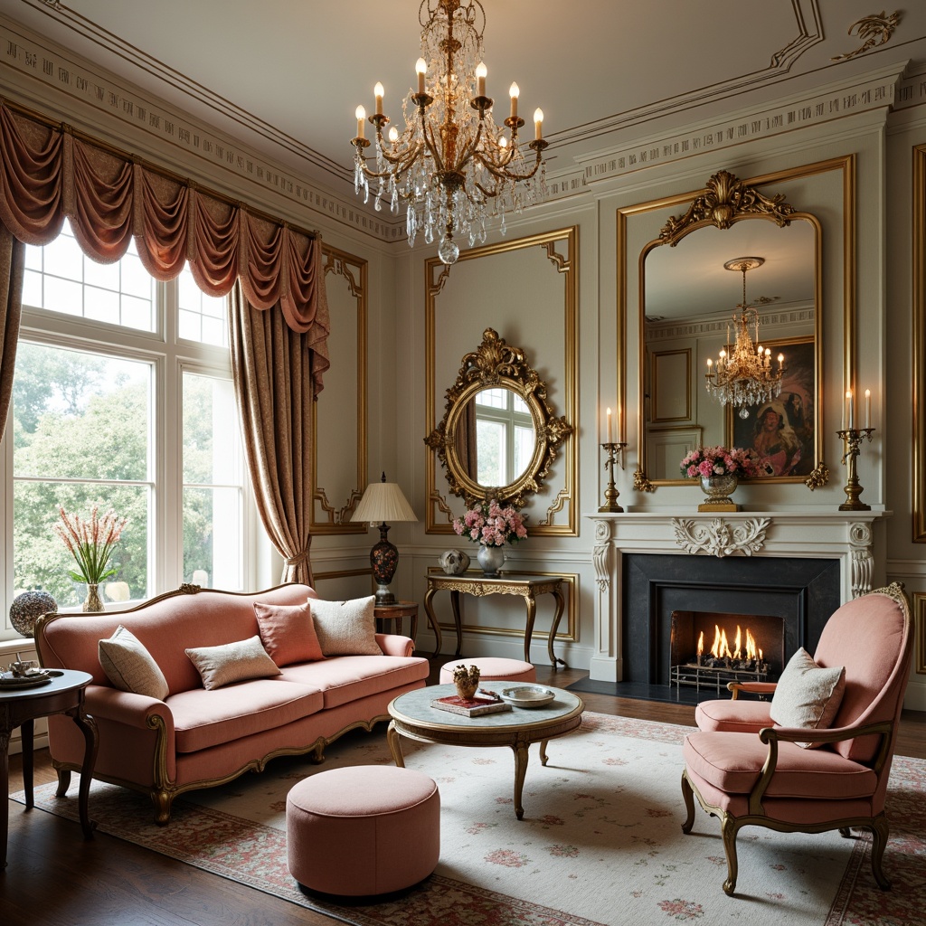 Prompt: Opulent Rococo-style living room, intricately carved wooden furniture, gilded accents, luxurious velvet upholstery, ornate mirrors, crystal chandeliers, soft pastel colors, delicate florals, curved lines, cabriole legs, tufted ottomans, lavish drapery, golden picture frames, elegant coffee tables, refined console tables, ornamental vases, subtle rocaille patterns, warm candlelight, shallow depth of field, 1/2 composition, realistic textures, ambient occlusion.