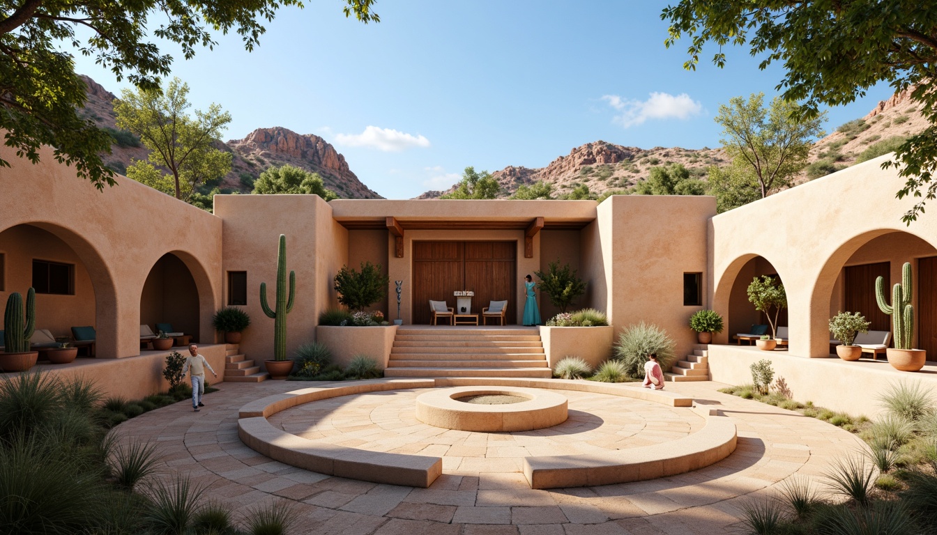 Prompt: Southwestern amphitheater, adobe-inspired architecture, natural stone seating, curved rows, open-air performance space, rustic wooden stage, vibrant turquoise accents, desert flora, cacti, warm sandy tones, clear blue sky, soft warm lighting, shallow depth of field, 3/4 composition, panoramic view, realistic textures, ambient occlusion, optimal sound reflection, echo-reducing materials, resonant frequencies, acoustic panels, sound wave patterns, natural reverb, immersive audio experience.