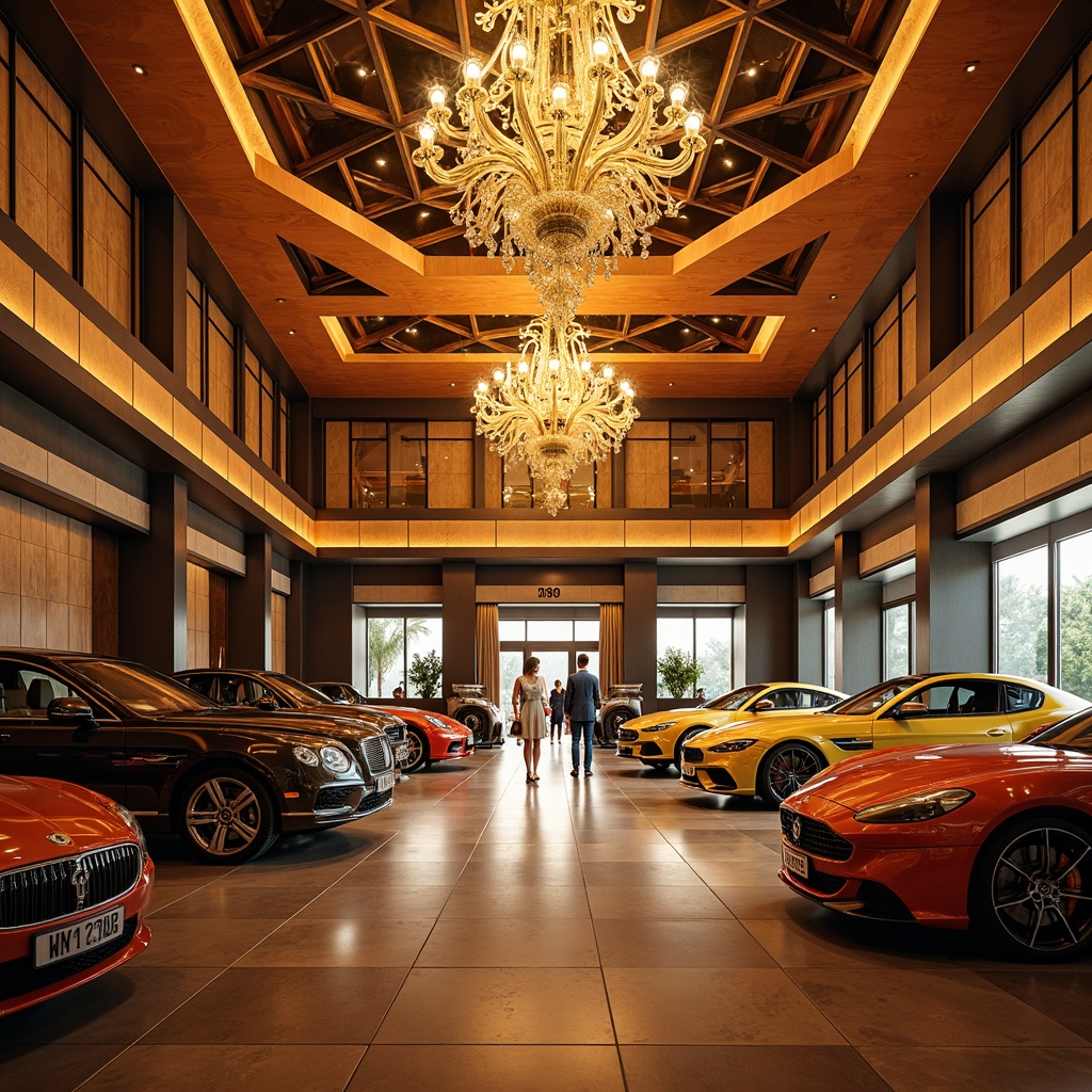 Prompt: Luxurious family garage, Art Deco style, geometric patterns, metallic accents, bold colors, sleek lines, ornate details, vintage cars, polished wooden floors, lavish chandeliers, grand entranceways, symmetrical composition, warm golden lighting, shallow depth of field, 1/1 aspect ratio, realistic reflections, ambient occlusion.