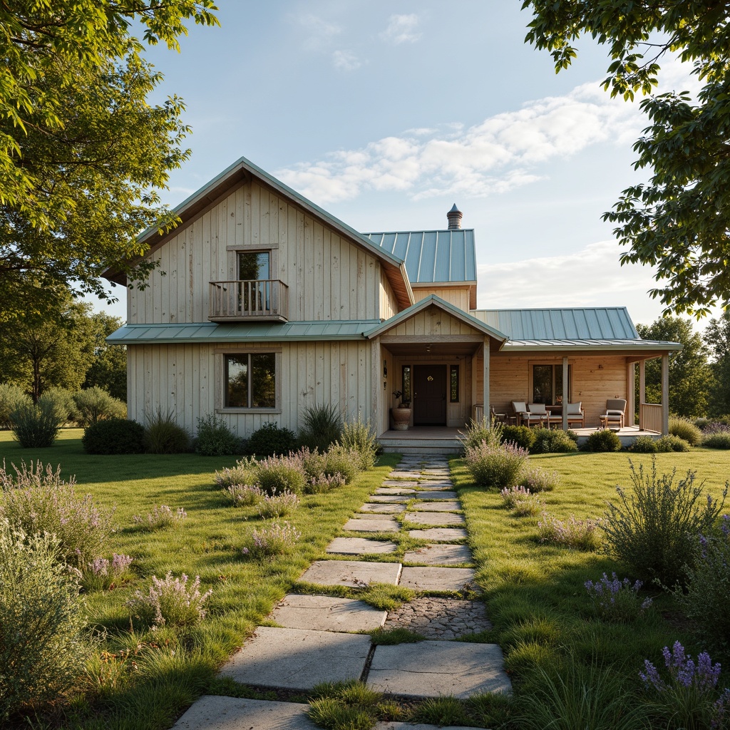 Prompt: Rustic farmhouse, vintage decor, distressed wood accents, earthy tones, warm beige walls, soft sage green trim, creamy whites, weathered copper roofing, natural stone pathways, lush green meadows, wildflower fields, sunny afternoon, soft warm lighting, shallow depth of field, 1/2 composition, realistic textures, ambient occlusion.