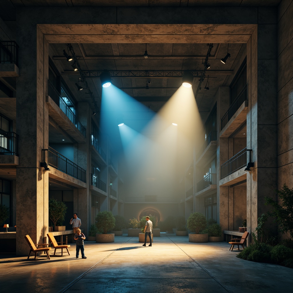 Prompt: Exposed concrete ceilings, brutalist architecture, raw industrial aesthetic, dimmable overhead lighting, warm accent spotlights, dramatic shadow casting, high-contrast lighting ratios, harsh directional light beams, metal grid diffusers, minimalist luminaire design, bold color temperature contrasts, cool blue tones, warm yellow hues, atmospheric fog effects, low-hanging pendants, industrial-style fixtures, urban loft ambiance, reclaimed wood accents, rough-textured stone walls, polished concrete floors, cavernous spatial volumes, 1/2 composition, high-contrast HDR rendering, cinematic lighting mood.