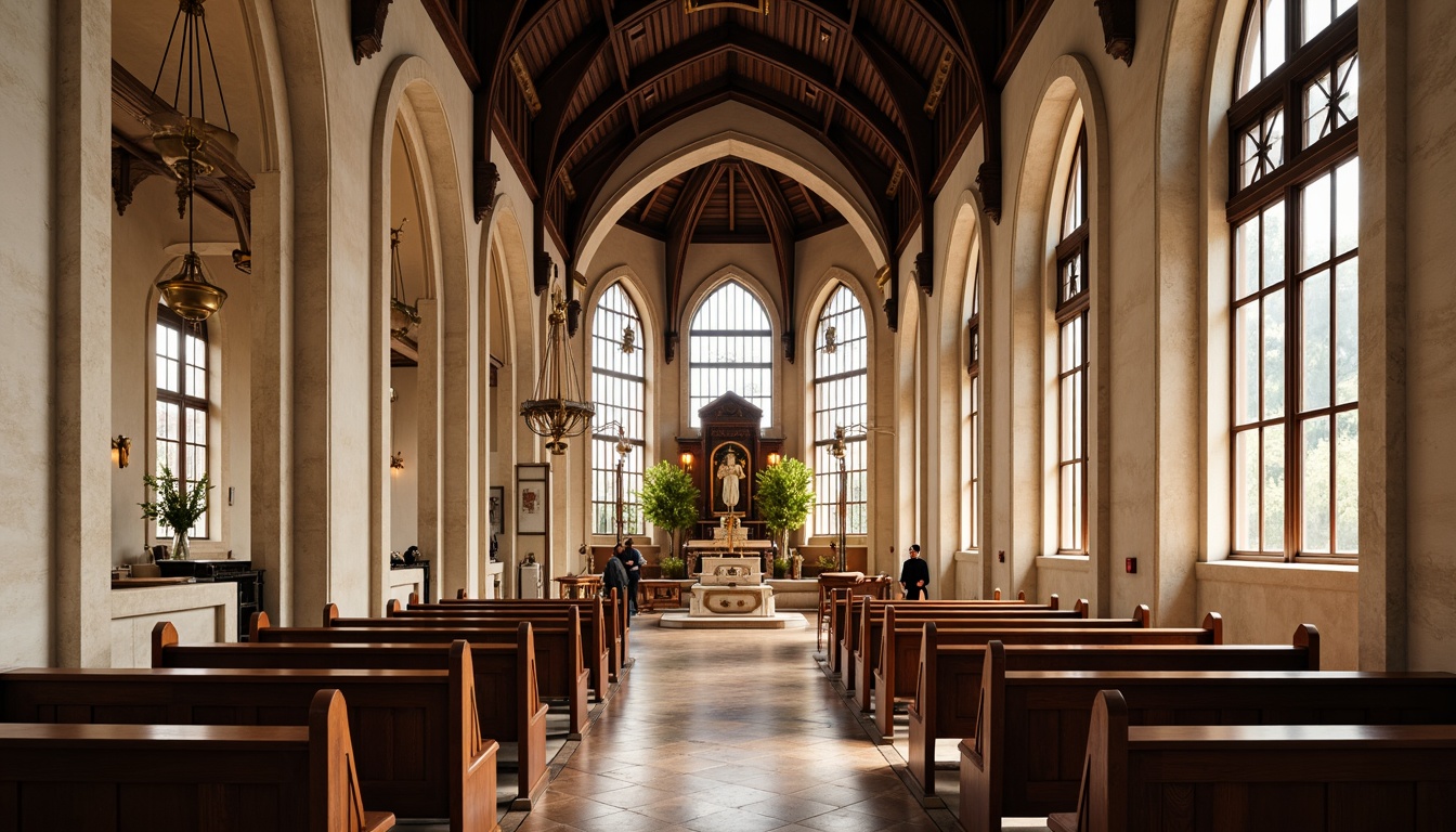 Prompt: Elegant church interior, vaulted ceilings, stained glass windows, wooden pews, ornate altars, intricate stone carvings, reverberant spaces, sound-absorbing materials, acoustic panels, diffusers, bass traps, reflective surfaces, warm natural light, subtle color palette, minimalist decor, worshipful atmosphere, soft focused lighting, 3/4 composition, shallow depth of field, realistic textures.