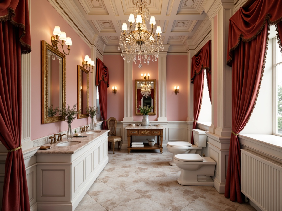 Prompt: Richly ornamented powder room, lavish chandeliers, marble countertops, ornate mirrors, velvet drapes, soft warm lighting, luxurious textiles, metallic accents, delicate porcelain fixtures, elegant furniture pieces, pastel pink walls, creamy white trim, gold leaf details, subtle sheen finishes, 1/1 composition, intimate atmosphere, realistic reflections.