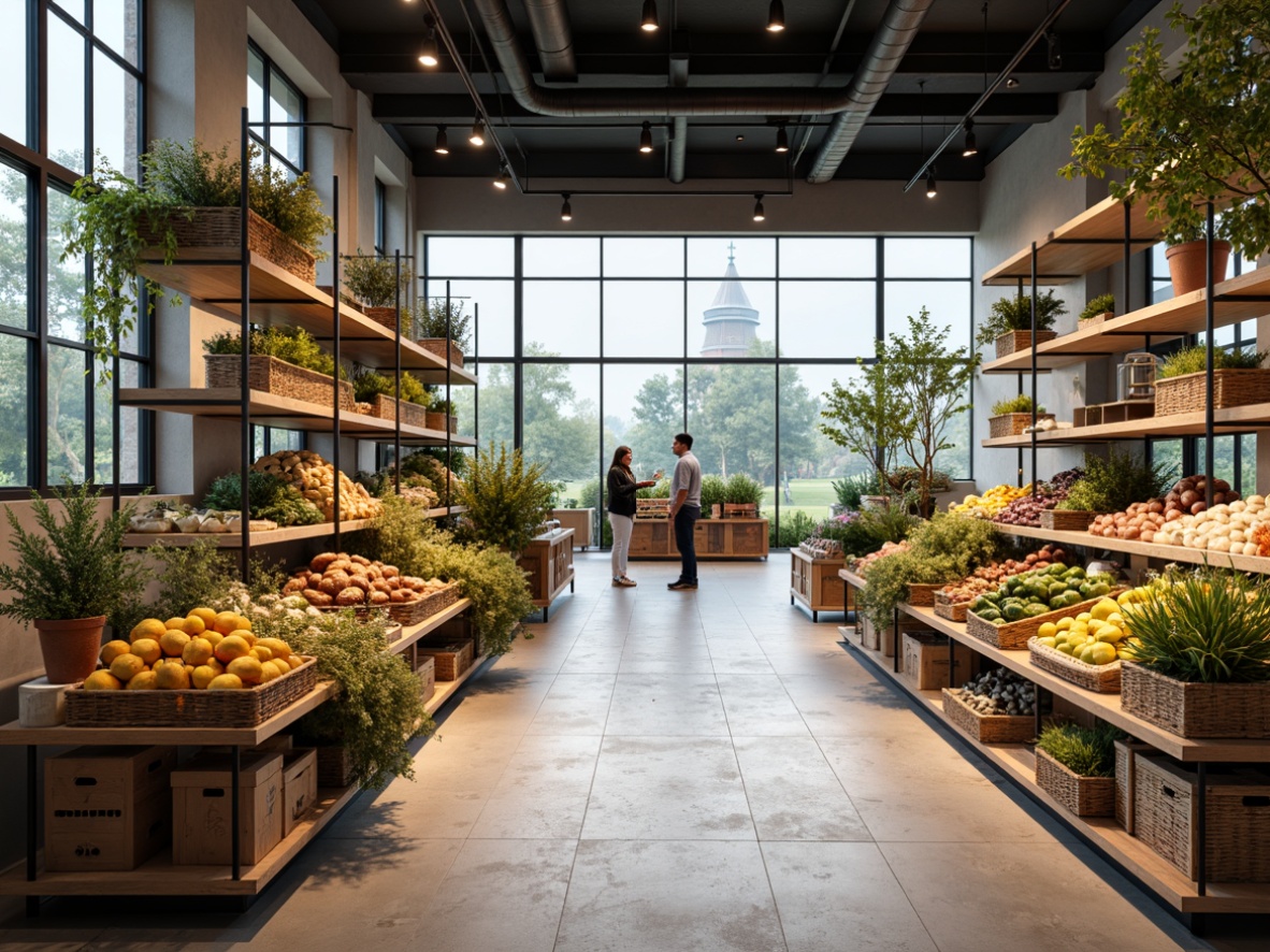 Prompt: Modern Scandinavian grocery store, minimalist interior design, sleek wooden shelves, industrial metal frames, rustic wooden crates, woven wicker baskets, natural stone flooring, large windows, soft warm lighting, shallow depth of field, 3/4 composition, realistic textures, ambient occlusion, Nordic-inspired color palette, pastel hues, earthy tones, abundant greenery, potted plants, fresh produce displays, artisanal food arrangements, gourmet product showcases, reclaimed wood accents, eco-friendly packaging, sustainable storage solutions.