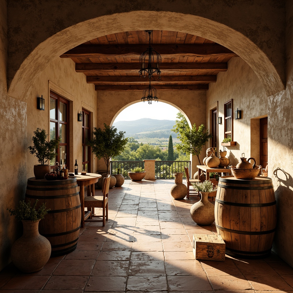 Prompt: Rustic winery, wooden barrels, vintage wine-making equipment, distressed stone walls, earthy tones, natural textiles, woven baskets, ceramic vases, antique furnishings, ornate metalwork, wooden crates, old-world charm, soft warm lighting, shallow depth of field, 1/1 composition, realistic textures, ambient occlusion, Tuscan-inspired architecture, curved archways, terracotta tiles, vineyard views, sunny afternoon, golden hour, warm color palette.