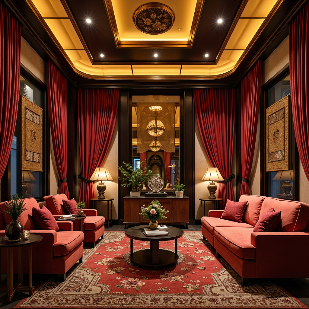 Prompt: Luxurious Art Deco interior, rich velvet fabrics, metallic accents, ornate patterns, geometric shapes, bold color schemes, opulent drapery, lavish furnishings, intricate tapestries, warm golden lighting, cozy atmosphere, plush area rugs, statement wallpaper, vintage-inspired accessories, sophisticated textures, elegant lines, luxurious upholstery, sumptuous curtains, dramatic ceiling fixtures, 1/2 composition, soft focus, warm color palette.