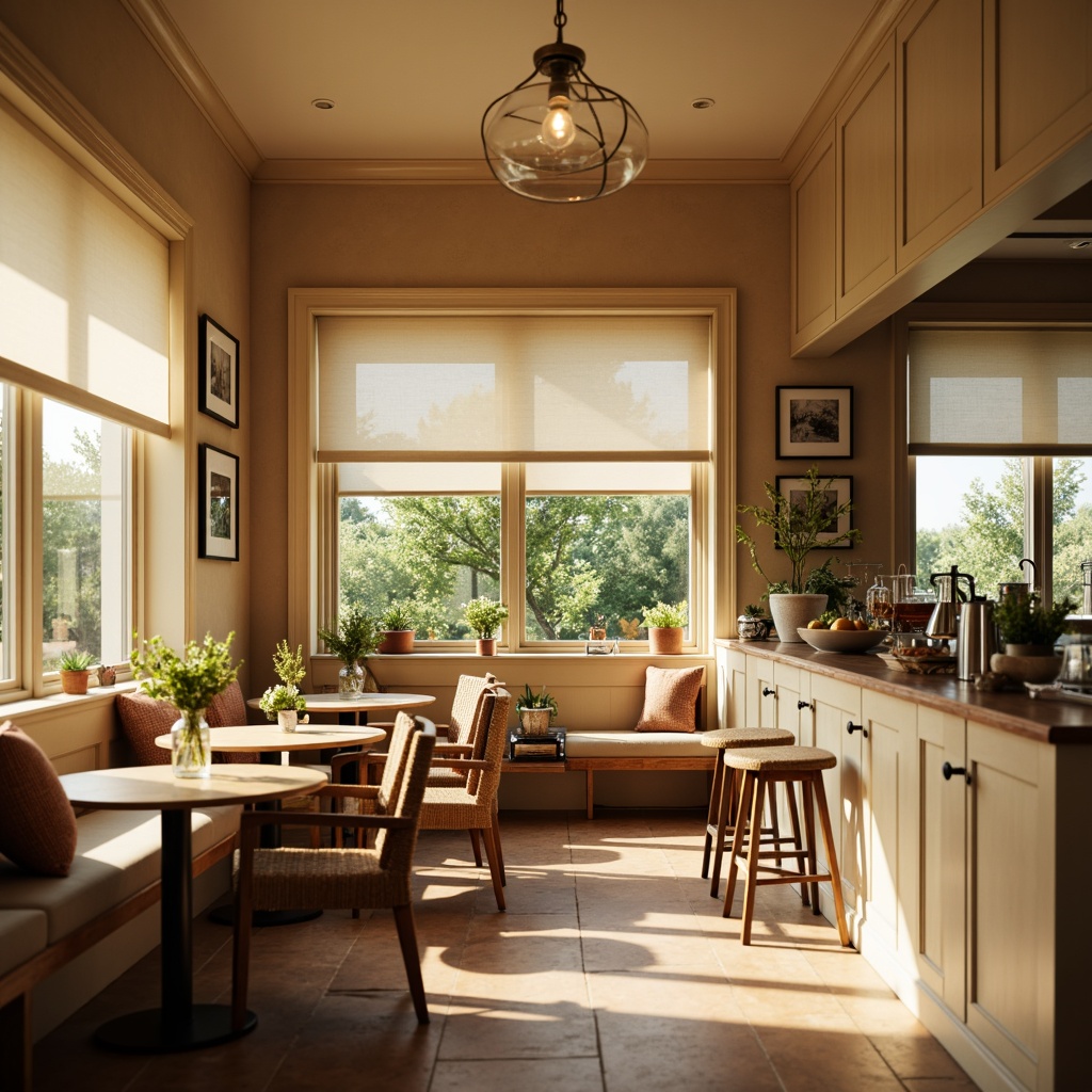 Prompt: Cozy breakfast nook, warm beige walls, soft cream-colored cabinets, polished chrome fixtures, pendant lights, suspended glass shades, rustic wooden tables, woven wicker chairs, natural linen upholstery, fresh greenery, morning sunlight, warm golden lighting, shallow depth of field, 1/1 composition, realistic textures, ambient occlusion.