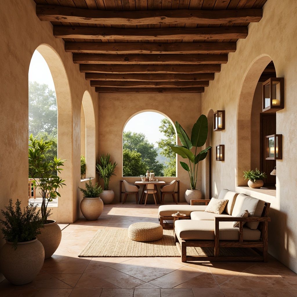 Prompt: Warm beige stucco walls, rustic stone arches, ornate wooden ceiling beams, distressed wood furniture, soft warm lighting, natural linen fabrics, earthy terracotta floors, vintage decorative tiles, lush greenery, potted plants, ornamental vases, elegant metal lanterns, serene ambiance, shallow depth of field, 1/1 composition, realistic textures, ambient occlusion.