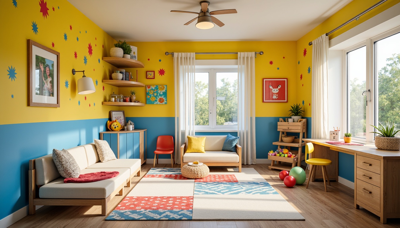 Prompt: Vibrant kids' room, playful color scheme, bright yellow walls, soft blue furniture, creamy white accents, bold red decorations, whimsical patterns, polka dots, stripes, chevron designs, textured rugs, plush toys, wooden desks, colorful chairs, fun lighting fixtures, lively atmosphere, morning natural light, shallow depth of field, 1/1 composition, realistic textures, ambient occlusion.