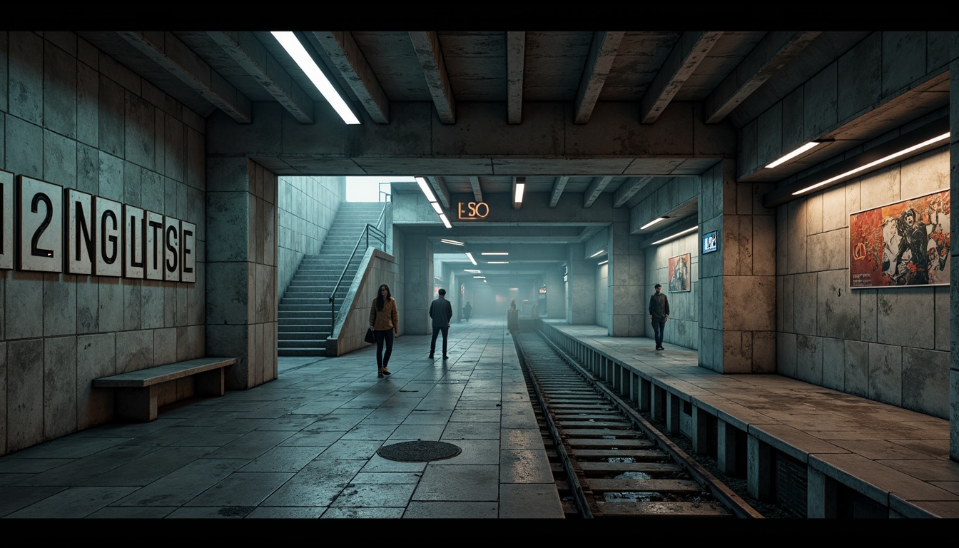 Prompt: Gritty metro station, brutalist architecture, exposed concrete walls, rugged stone floors, industrial steel beams, urban cityscape, moody lighting, dark tones, cold greys, muted blues, weathered copper accents, distressed textures, atmospheric fog, dramatic shadows, low-angle composition, cinematic mood, high-contrast colors, bold typography, futuristic signage.