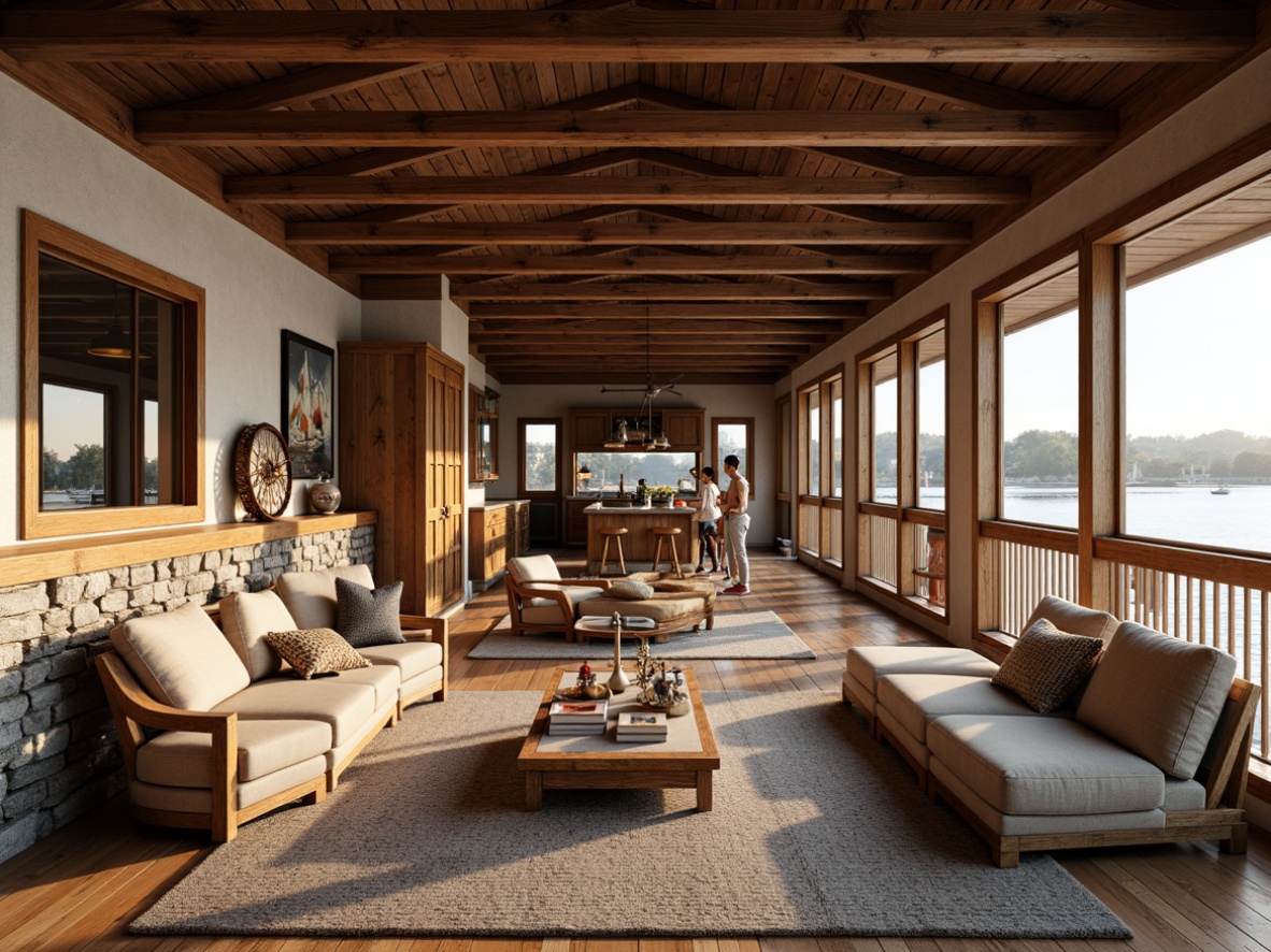 Prompt: Waterfront boathouse, rustic wooden accents, earthy color palette, natural stone foundation, nautical decorations, vintage sailing artifacts, open floor plan, high ceilings, exposed wooden beams, large windows, sliding glass doors, cozy reading nooks, plush area rugs, warm ambient lighting, soft morning light, shallow depth of field, 1/1 composition, realistic textures, ambient occlusion.