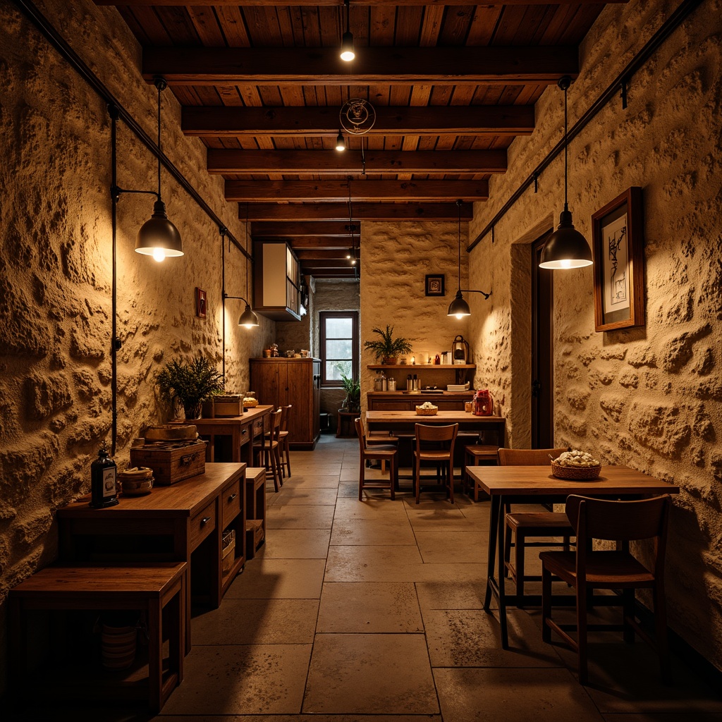 Prompt: Rustic basement, exposed stone walls, wooden beams, earthy color palette, warm ambient lighting, pendant lamps, metal shades, industrial-style fixtures, Edison bulbs, candles, lanterns, soft warm glow, cozy atmosphere, natural textures, rough-hewn wood, vintage decorations, distressed finishes, intimate seating areas, low ceilings, dramatic shadows, 1/1 composition, moody lighting effects.