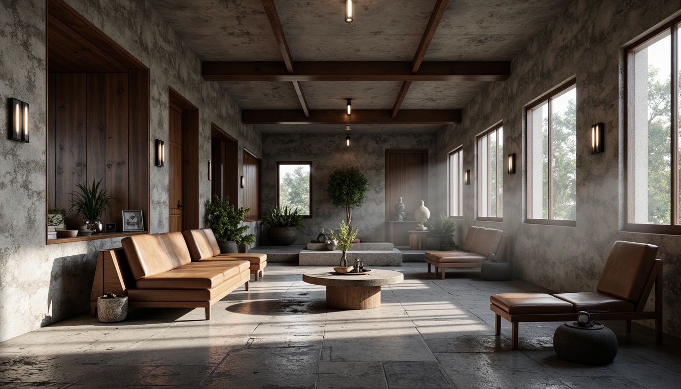 Prompt: Rough-hewn stone walls, exposed concrete ceilings, brutalist architectural elements, industrial metal beams, raw wooden accents, rugged natural stone flooring, distressed leather upholstery, metallic lighting fixtures, minimalist decor, monochromatic color scheme, dramatic shadows, high-contrast lighting, cinematic composition, realistic textures, ambient occlusion, atmospheric fog effects.