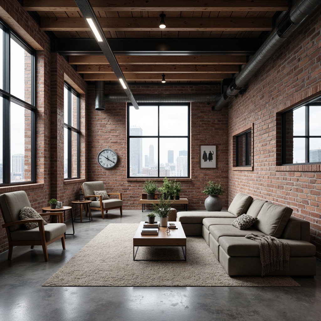 Prompt: Industrial chic loft, exposed brick walls, polished concrete floors, minimalist decor, modern metal beams, large windows, natural light pouring in, open concept living area, sleek low-profile furniture, monochromatic color scheme, textured throw blankets, industrial-style lighting fixtures, reclaimed wood accents, urban cityscape views, cloudy day, soft warm lighting, shallow depth of field, 3/4 composition, realistic textures, ambient occlusion.