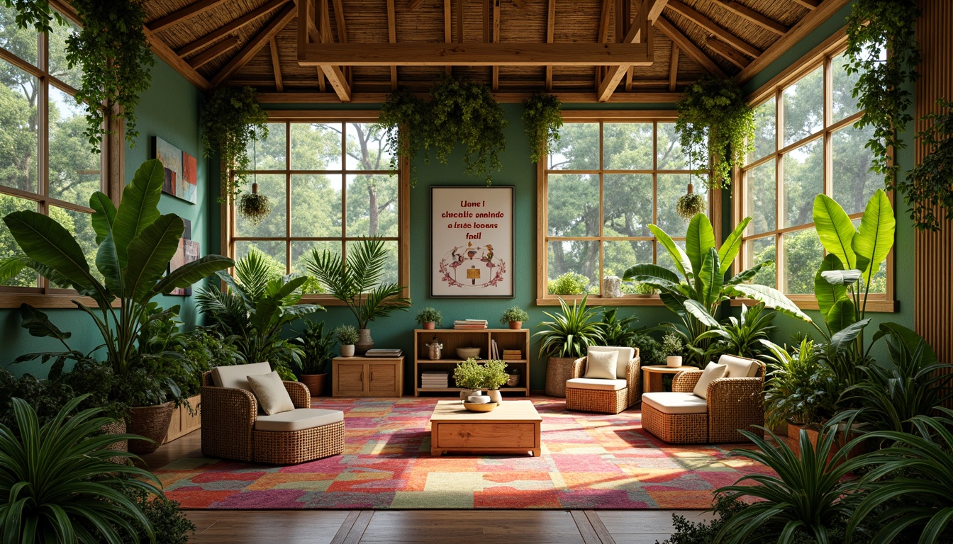 Prompt: Vibrant tropical school interior, lush greenery, exotic plants, natural wood accents, rattan furniture, colorful textiles, woven baskets, warm lighting, shallow depth of field, 1/1 composition, realistic textures, ambient occlusion, humid atmosphere, natural ventilation, open spaces, collaborative learning areas, flexible seating arrangements, educational posters, inspirational quotes, motivational decor.