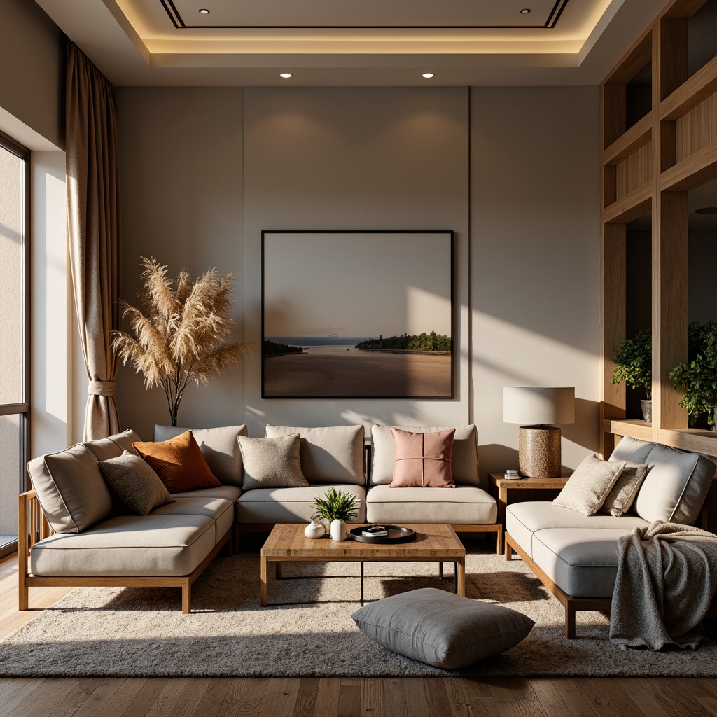 Prompt: Plush sofas, velvety cushions, soft woven fabrics, tactile upholstery, calming color palette, natural fiber materials, cozy throw blankets, elegant drapery, subtle sheen, warm ambient lighting, inviting atmosphere, rustic wooden accents, modern minimalist decor, sleek metal frames, comfortable seating arrangements, functional storage solutions.