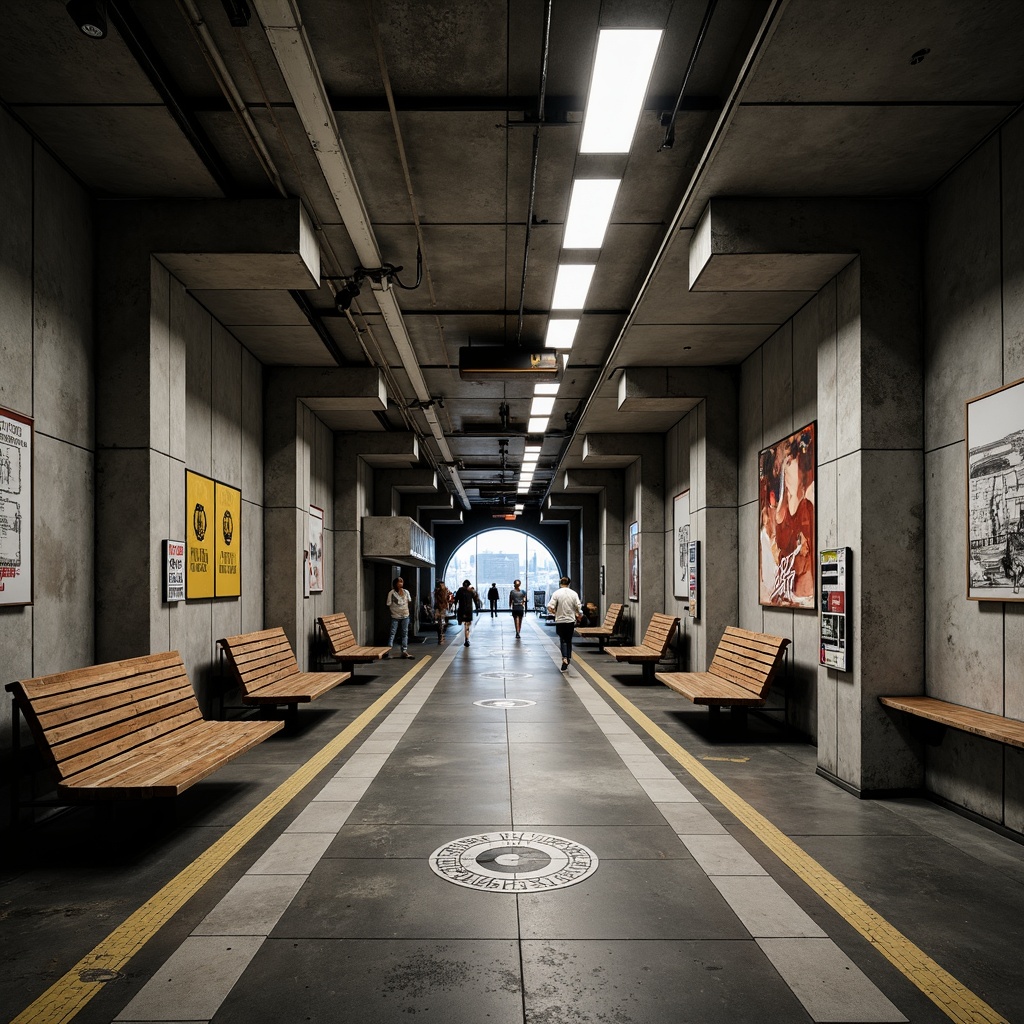 Prompt: Rugged metro station, brutalist architecture, exposed concrete walls, industrial-style benches, steel frames, raw wood accents, urban graffiti, functional signage, harsh overhead lighting, dramatic shadows, cold tone color palette, metallic materials, minimalist decor, modern cityscape views, busy pedestrian traffic, abstract art installations, geometric-patterned flooring, distressed textures, high-contrast photography, cinematic composition, gritty atmosphere.