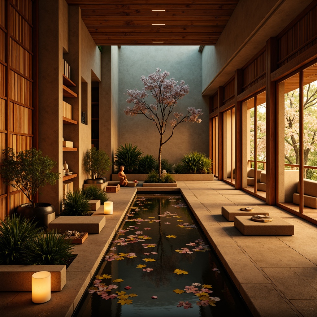 Prompt: \Serenity-inspired Asian interior, warm ambient lighting, soft lanterns, paper lanterns, natural wood accents, woven bamboo textures, subtle cherry blossom patterns, minimalist decor, low seating arrangements, traditional Japanese sliding doors, Shoji screens, peaceful water features, lush greenery, natural stone floors, warm beige walls, cozy reading nooks, gentle candlelight, softbox lighting, 1/2 composition, intimate atmosphere, realistic shadows, warm color palette.\Let me know if this meets your requirements!