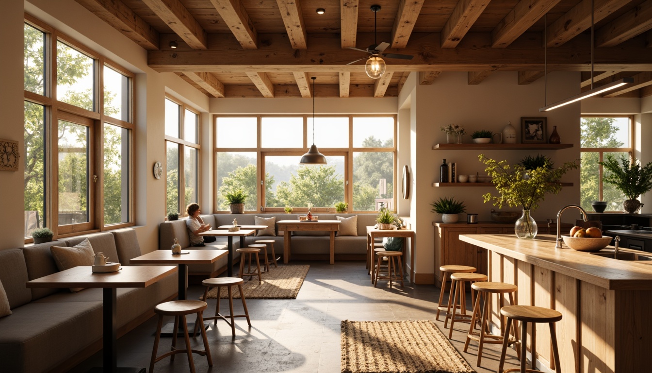 Prompt: Cozy breakfast nook, warm beige walls, rustic wooden tables, comfortable cushioned chairs, soft fluffy rugs, elegant pendant lights, modern chrome fixtures, sleek LED strips, warm white lighting, inviting ambiance, intimate seating area, natural stone countertops, farmhouse sink, butcher block island, bright sunny morning, shallow depth of field, 1/1 composition, realistic textures, ambient occlusion.