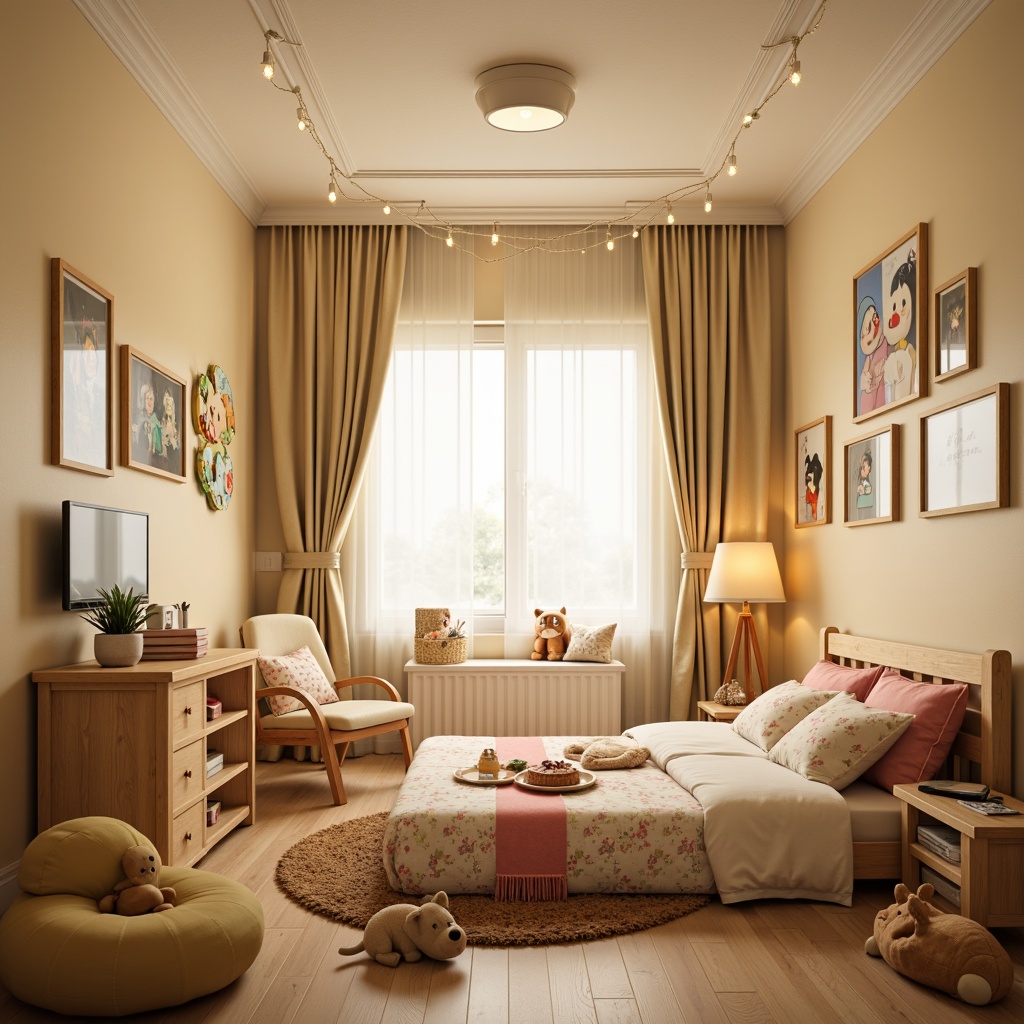 Prompt: Cozy kids' bedroom, soft warm lighting, gentle glow, cartoon character decorations, pastel color walls, wooden furniture, plush toys, floor lamps, table lamps, string lights, ceiling fixtures, warm beige tones, creamy whites, bright pops of colors, playful patterns, whimsical textures, shallow depth of field, 1/1 composition, realistic rendering, ambient occlusion.